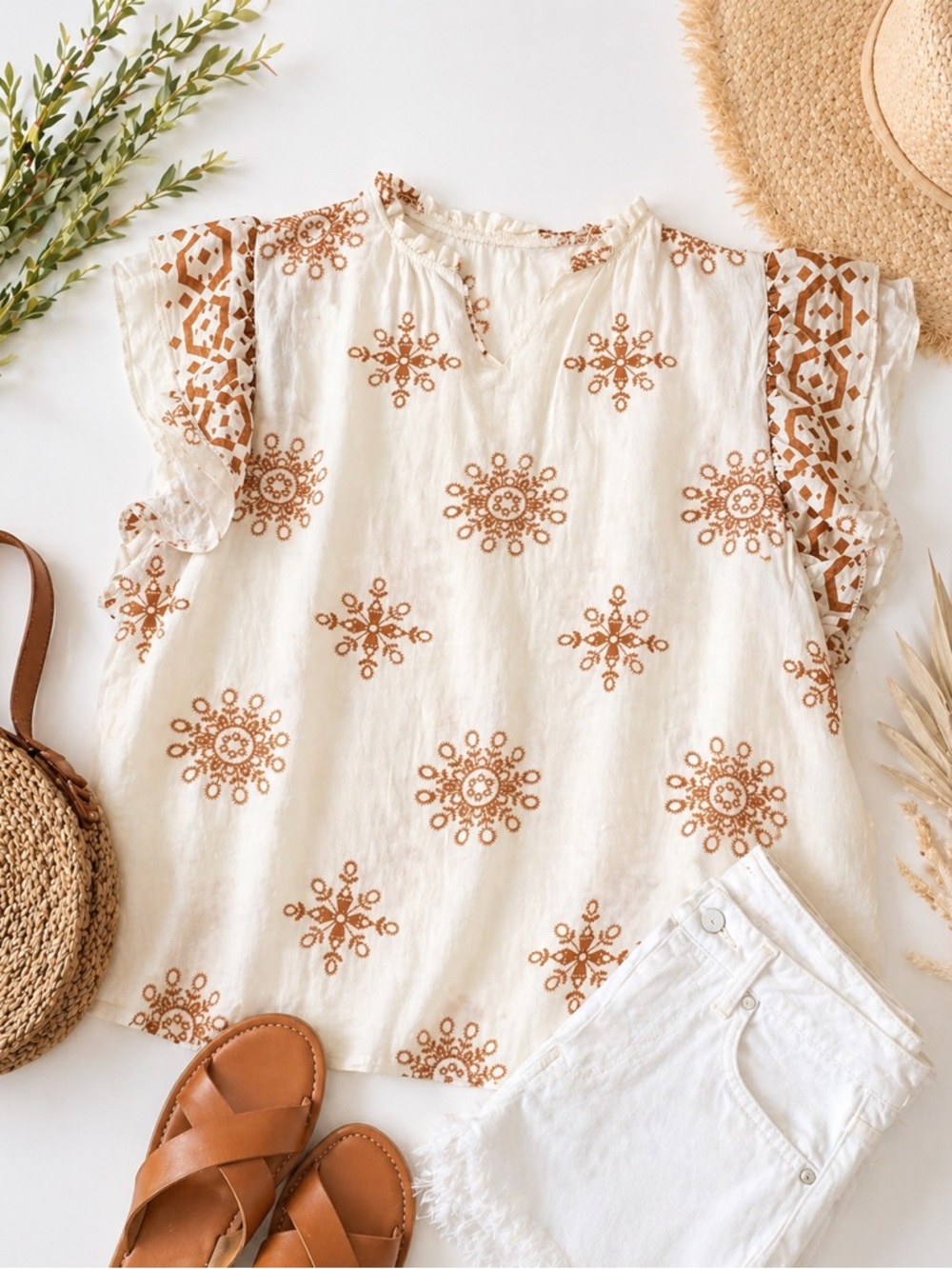 Women’s Embroidered Cream Top with Tan Motif
